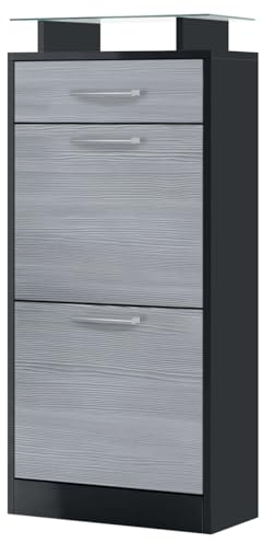 Vladon Schuhschrank Loret V2, Schuhkipper für 8 Paar Schuhe mit 2 Klappen, 1 Schublade und Glasablage, Schwarz matt/Avola-Anthrazit (46 x 104 x 23 cm)