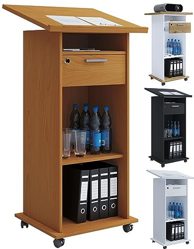 VCM Holz mobiles Rednerpult | Maße ca. H. 108 bis 120 cm x B. 60 cm x T. 50 cm | rollbar mit Schublade | Stehtisch - Melta Buche