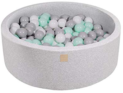 MEOWBABY Piscina de Bolas 90X30cm/200 Bolas ∅ 7Cm Piscina de Bolas Certificada para Niños Hecha en EU Gris Claro: Menta/Blanco/Gris