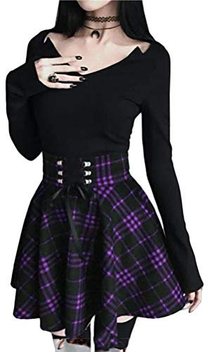 Minetom Donna Moda Svasata Mini Gonna da Pattinatrice Versatile Elastica Gonna Annata A Pieghe Swing Circle Scozzesi Gonne A Vita Alta Viola Small