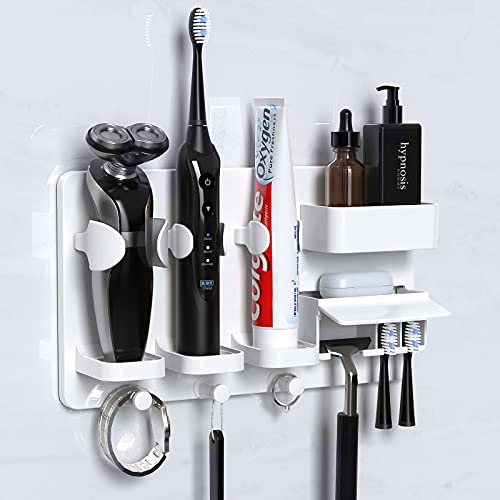 Rywell Zahnbürstenhalter - Zahnbürstenhalter Elektrische Zahnbürste Ohne Bohren, Multifunktionaler Wandmontage Selbstklebend Kinder Zahnbürsten Halter Wand für Bad, ABS, 3 Haken, 2 Aufbewahrungsboxen