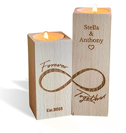 2 pièces/ensemble Porte-bougies en bois personnalisé d'infini, Chandelier Bougeoirs Bois Decoration Salon Centre de Table Cadeau de mariage, 2 prénoms et date, Gravé au Laser, Infinité Symbole et cœur