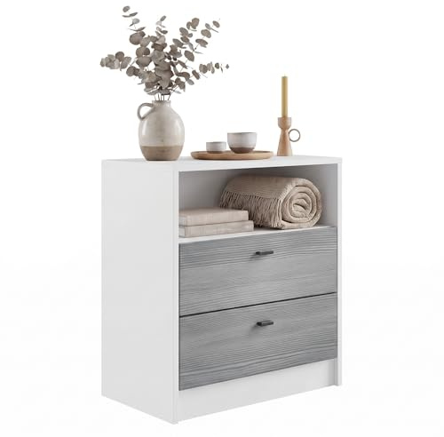 Vladon Kommode Pino V1, Made in Germany, Nachttisch mit 2 Schubladen & 1 offenem Fach, Weiß matt/Avola-Anthrazit ohne LED (56 x 67,5 x 36 cm)