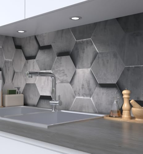 MyMaxxi Küchenrückwand selbstklebend – Matte Premium Spritzschutz Folie als günstige Alternative zu Glas, einfache Montage & leichte Reinigung – Motiv: Abstrakte Sechsecke 3D B 220 cm x H 60 cm
