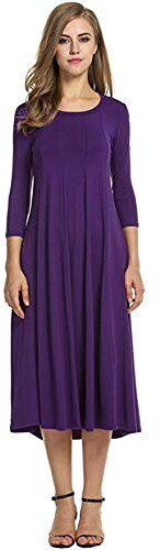 Womens Ladies Plain Jersey Swing Dress Casual Long Sleeve Midi Dress Skater UK Size (Purple, 16-18)