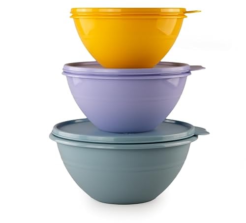 Tupperware Bol miracle 1,75 l bleu fumé + 1,1 l lilas + bol mélangeur orange 775 ml + éplucheur d'orange rouge