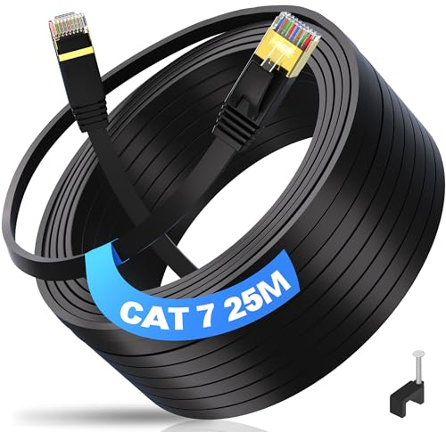 ikbc Cable Ethernet 25 metros, Cable de Red Cat 7 alta Velocidad 25m Cable Lan Plano Flexible Cable Internet Patch Cable con conector Rj45 para PS4/5 Xbox PC Compatible con Cat 6 Cat 5e (25 Clips)