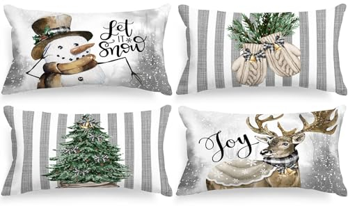 Lanpn 4 Stück Weiß und Grau Kissenbezug Weihnachten Kissenhülle 30x50 cm, Winter Schneemann Handschuhe Elch Eukalyptus Dekorative Weihnachtskissen Weihnachtsdeko Christmas Bettwäsche Sofa Decorations