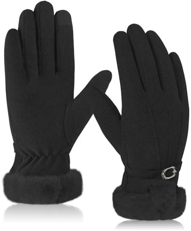 Women Winter Warm Gloves,Black Fabric Thick Fleece Lined Gloves, Thermal Touchscreen Gloves Ladies Winter Present for Dressing Cycling Skiing Running Outdoor Sports