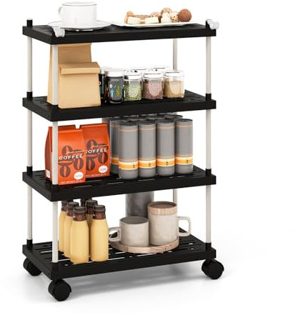 GOPLUS Carro de almacenamiento de 4 niveles con escurridor y gancho lateral, carrito de servicio con ruedas universales y bloqueables, para cocina, baño, oficina, color negro