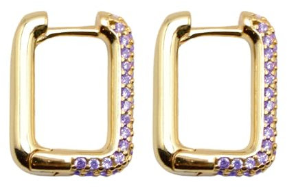 GOLDENCAT Pendientes Bella Zircon Lila, Pendientes Pequeños de Aro Rectangular, Argollas Rectangulares Zircon, Plata de Ley 925, Baño Oro 18k, Circonita Lila, Longitud 13 mm, Grosor 2 mm
