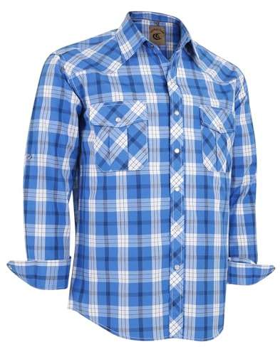 Dctop Chemise Western Homme à Manches Longues, à Carreaux, Coupe Regular, Boutons-Pression, Facile à Repasser, pour Bureau et Loisirs (Blanc, Bleu à Carreaux #29 L)