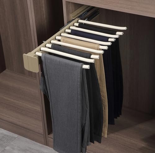 ANXJLEO Hosenbügel Ausziehbarer, Hosenaufhängung Platzsparend, Kleiderstange Ausziehbar mit rutschfeste Beflockung für 10 Hosen, Edelstahl Hosenaufhängung für Kleiderschrank (Cremefarben)