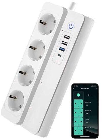 UseeLink Multipresa 302E-WiFi (PD 20 W 3 porte USB-A 1 porta Type-C da 20 W 4 prese CA forniscono alimentazione Interruttori individuali per un massimo di 8 dispositivi da un'unità di ricarica a paret
