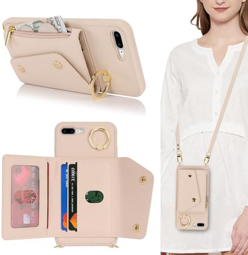 Lipvina Coque pour iPhone 7 Plus avec Cordon Porte Carte Coque iPhone 8 Plus zippé Portefeuille Femme Telephone Portable Réglable Collier Housse Étui avec Anneau pour Femmes - Blanc