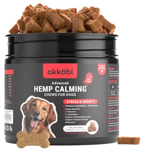 OKKÖBI Hemp Calming Chews for Dogs - 150 Pcs - Anxiety Relief - Helps with Stress, Travel, Check-up, Barking & Grooming - Beef Flavor Calming Treats
