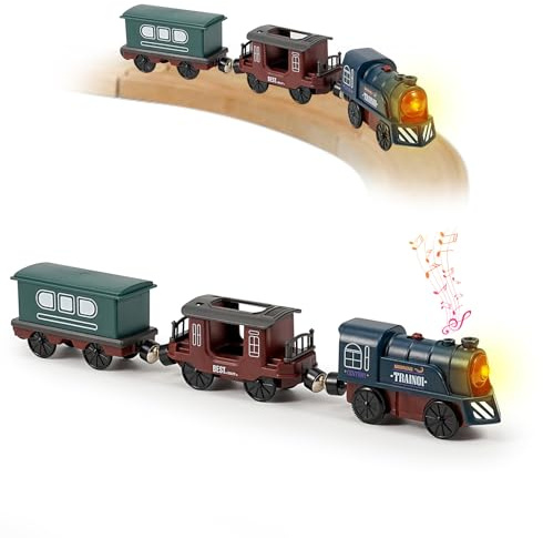 Battery Train for Wooden Track - 3 Pcs Magnetic Retro Battery Operated Light Up Train Toys with Sound, Wooden Train Track Accessories for 3+ Kid Boy Girl Birthday Christmas Halloween(Green)
