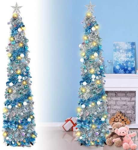 Lanstics Xmas Pencil Tree, 5 FT Blue Silver Collapsible Pop Up Christmas Tree with Decoration Balls for Home Party Indoor Decoration