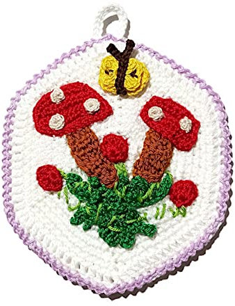 Presina rotonda ad uncinetto bianca con farfalla e funghetti 14 cm (50PRS) - Made in Italy