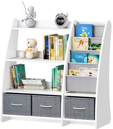 KEEPREAPER Bücherregal Kinder mit 3 Aufbewahrungsboxen aus Vliesstoff, Kinderregal Montessori mit 4 Ablage und 2 offnen Fächern, Kinderzimmer Regal für Spielzeug Organizer,91x38x92cm (Weiß-B)