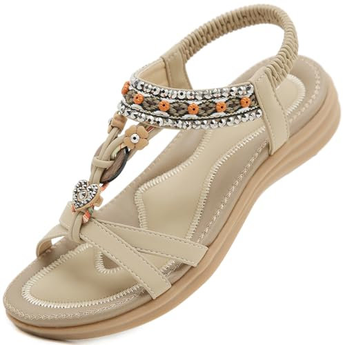 Acfoda Offene Sandalen Damen Sommer mit Blumen Strass Flach Bohemian Sandaletten Frauen mit Weiche Fußbett Outdoor Freizeit Strand Schuhe Beige 38