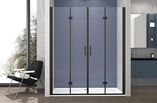 Box doccia nicchia 140 cm porta DUE BATTENTI SOFFIETTO H200 cm cristallo 6mm profilo NERO OPACO DINO