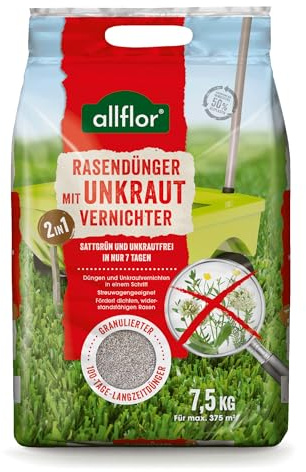 Allflor Rasendünger mit Unkrautvernichter - 4 x 7,5 Kg - Vernichtet Unkraut und düngt Rasen gleichzeitig - ideal geeignet für Streuwagen - Premium Qualitätsdünger mit Unkrautbarriere