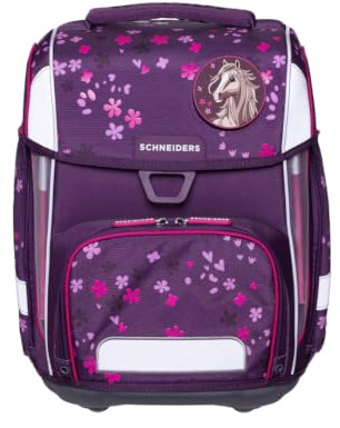 Schneiders Ergolite Schultasche Berry Blossom– 9-teiliges Schulranzen/Schultaschen Set– Ergonomisch, Leicht (1,2 kg), Mit LED-Leuchtstäben, Reflektoren & Zubehör – 22L Volumen lila