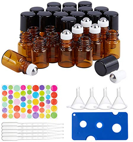 BENECREAT 30 Packung 2ml Bernsteinglas Rollflasche mit schwarzer Kappe Mini Brown ätherische Ölrolle auf Flasche mit 4 Trichtern, 1 Öffner, 10 Stück 3ml Tropfer und 1 Blatt Aufkleber für Parfüm