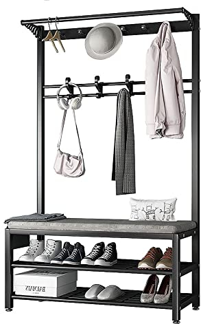 Qcesorib Garderobe mit Sitzbank, 170cm Garderobenständer, Garderobenständer mit 10 Gaderobenhaken und Schuhregal mit Sitzfläche, Flurgarderoben Set aus Metal im Industrial Design