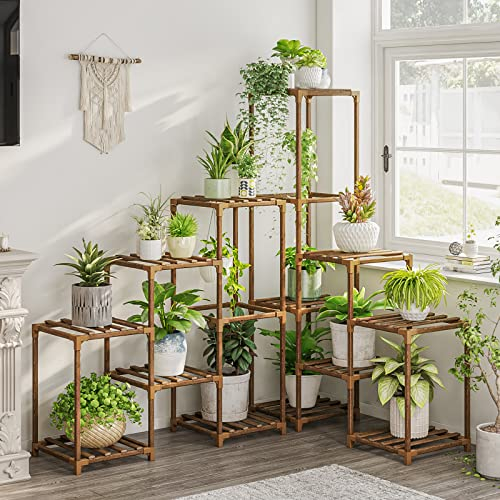 Bamworld Pflanzenständer Indoor Eckpflanzenregal Outdoor Blumenregale Holz Pflanzenständer Garten Holz Pflanzenhalter Rack für Wohnzimmer Ecke Rasen Fenster 03B