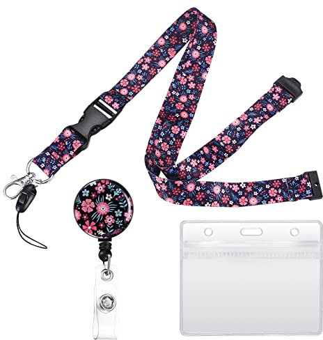 Retractable Lanyard Neck Strap with Retractable Badge Reel and ID Card Badge Holders, Name Badge Holders with Lanyards for Neck Business Office Exhibition School - Small Flower