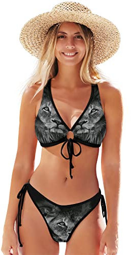 Roi Lion Blanc Noir Bikini Deux Pièces Femme Maillot de Bain 2 Pièce Tenue de Plage Swimsuit pour Filles