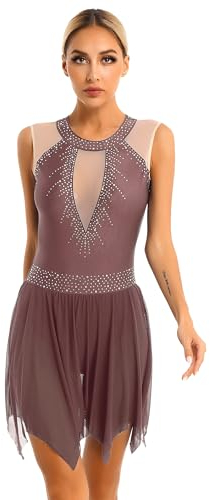 iEFiEL Damen Glitzer Tanzkleid Eiskunstlauf Kleid Mit Strass Ballettkleid Glänzende Tanzkleid Ärmellose Ballet Kleid Tanzkostüm Braun M