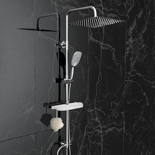Görbach Regendusche Duschset ohne Armatur mit Ablage, Edelstahl Duschsystem mit Duschregal, Duschstange, Kopfbrause 30x30cm Chrom