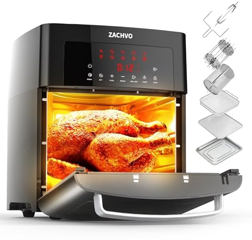 ZACHVO 15L Large Air Fryer Oven, 1700W Digital Air Fryer with Rotisserie, Touch Screen, Timer, Temperature Control up to 220℃, Convection Oven Electric Grill, 7 Accessory, Black