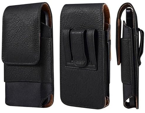 Leather Black Cell Phone Belt Bag - Vertical 6.5 Mobile Phone Purse - Carrying Pouch with Belt Clip Holder - Smartphone Wallet Handbag Bumbag