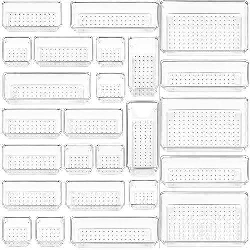 Towinle 25PCS Storage Box Plastic Desk Drawer Organiser System Versatile Drawer Organiser Tray 4 Size Storage Drawers Divider for Desk,Makeup,Utensils,Jewelries,Gadgets,Kitchen,Bedroom,Office