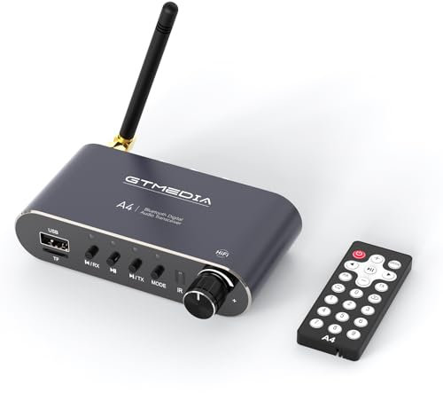 GTMEDIA Transmisor Receptor Bluetooth, emisor Bluetooth Audio Adaptador para TV Receptor Bluetooth RCA 2 en 1, jack3.5, Coaxial con Mando a Distancia, Antena y Entrada para Tarjeta TF