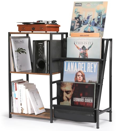 HYCFYJR Giradischi Porta Vinili, Mobile Giradischi con Porta Vinili 3 livelli, Porta Vinili da Mobile con Now Playing Vinyl Stand, Mobile Giradischi per Soggiorno, Marrone Rustico