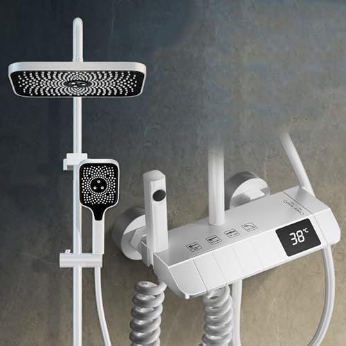 Ducha Grifo Columna Sistema - Bano Alcachofa Duchas Conjunto Griferia Con LED Pantalla Digital 4 Funciones Ducha De Mano, Ducha Bidé, Grifo De Bañera Conjunto De Ducha | Blanco