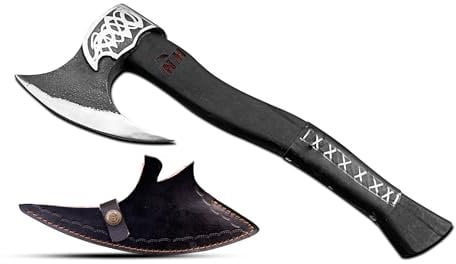 NovaHaven Handmade Decorative Axe - Carbon Steel Blade with Ash Handle - Various Blade Designs with Leather Handle - Includes Protective Case - 4 Variants (Curved Blade)