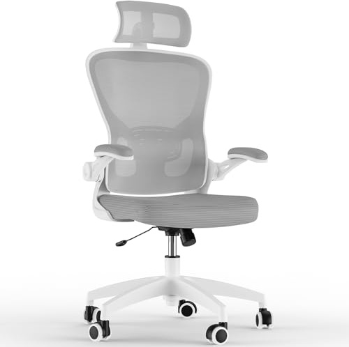 Feonase Ergonomic Office Chair with Adjustable Headrest and Lumbar Support, Mesh Back, Flip-up Armrests and Rocking Function – Swivel Desk Chair for Home Office, Study, Gaming, Grey/White