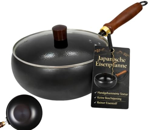 Generisch Japanische Eisenpfanne, 2026 Upgrade Handgefertigte Eisenpfanne 20/24/26/28/30 cm, Unbeschichtete Antihaft-Eisenpfanne Mit DeckelGeeignet für Induktions- und Gasherde (Glasdeckel, 30cm)