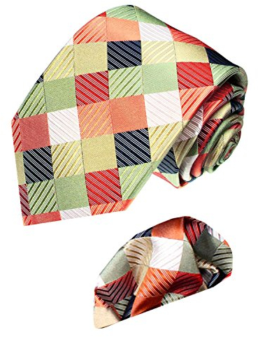 Lorenzo Cana - Marken Set aus 100% Seide - Braun Beige Creme Lachs Karierte Krawatte mit passendem Einstecktuch - 8426801