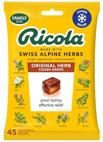 Ricola Original Herb Cough Drops, 45 Count, Cough Suppressant & Throat Relieving Drops with Naturally Sourced Menthol, Pleasing Herbal Taste for Coughs & Throat Irritation Symptom Relief
