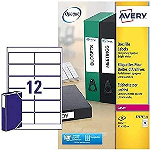 Avery L7176-25 Ordner-Etiketten für Tintenstrahl und Laser (für 60 mm Ordner, 12 pro Blatt, 41 x 100 mm) 300 Etiketten