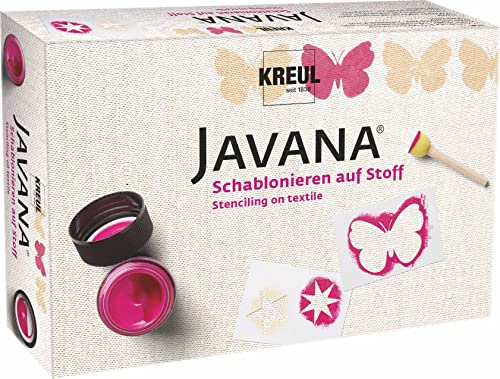KREUL 91992 - Javana Schablonieren auf Stoff, Kreativ Set für helle und dunkle Stoffe, 2 x 50 ml Farbe in vanille und magenta, 2 Schablonen ca. 7 x 10 cm, 2 Schwammstupfpinsel und Ideenbroschüre