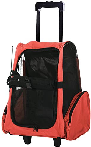 PawHut Trasportino Zaino 2 in 1 per Cani e Gatti con Tasche Laterali, Maniglia Telescopica e Ruote, 42x25x55cm, Rosso