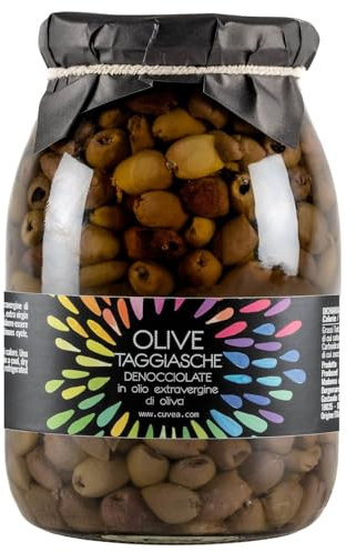 Olive taggiasche denocciolate della Liguria in olio extravergine di oliva 950 g Cuvea- Produzione azienda agricola Cuvea - Senza conservanti né coloranti né correttori di acidità